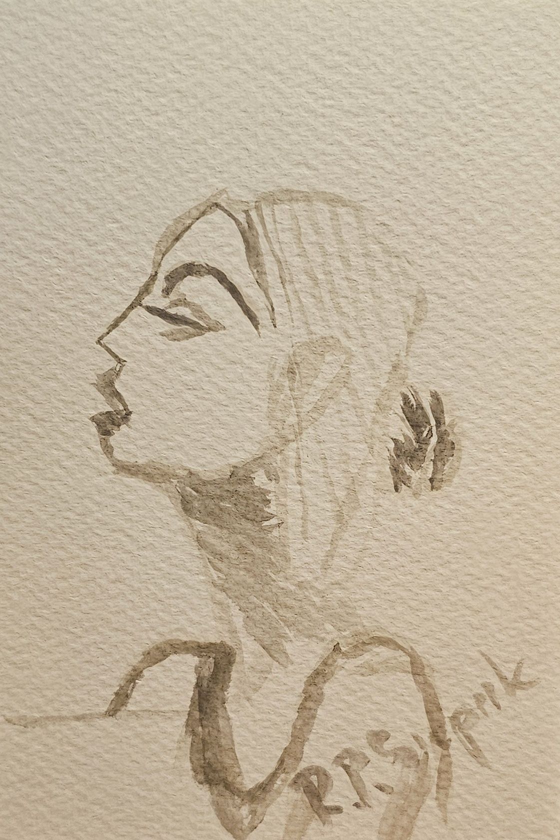 Lady in the Beauty Parlour, Watercolor, artist: R. P. Siepak, artist username: siepak, produced: April 2025, acquired by: Anna, location: Poland, as: Gift, size: 10x15 cm