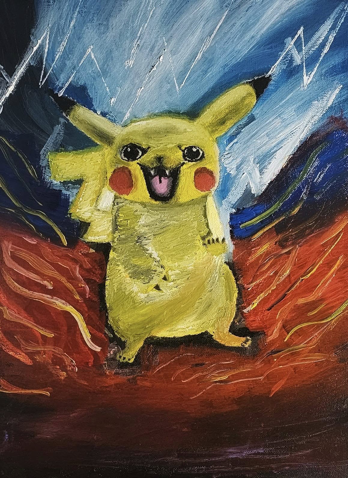 Pikachu Electro - Tired of Being Sorry, Oil, artist: R. P. Siepak, artist username: siepak, produced: June 2024, acquired by: Karol, location: Poland, as: Transaction, size: 30x40 cm, inspired by: Pikachu
