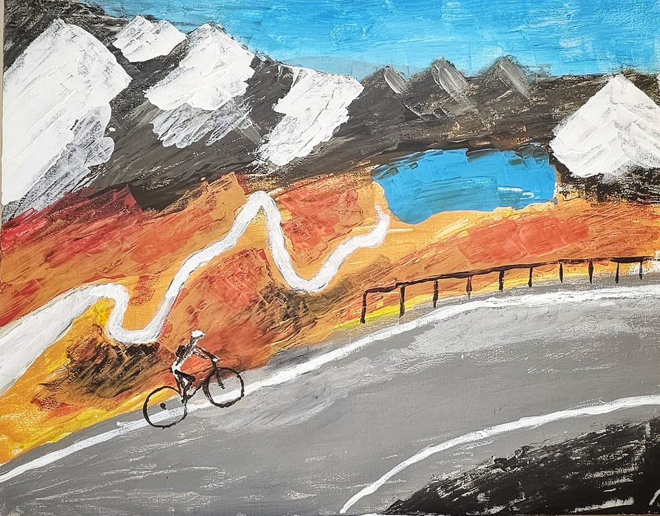 Cyclist on the mountain pass - paradise, Oil, artist: R. P. Siepak, artist username: siepak, produced: June 2024, acquired by: Tomek, location: Switzerland, as: Transaction, size: 50x40 cm